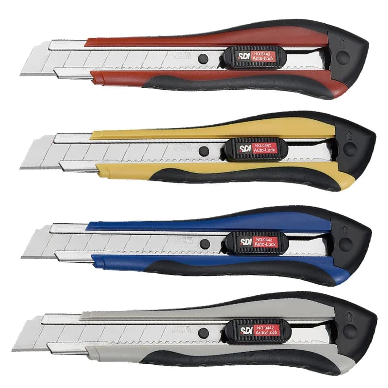CUCHILLO CARTONERO BLOQEO AUTOMATICO GOMA CON 3 HJS 18 MM — SDI