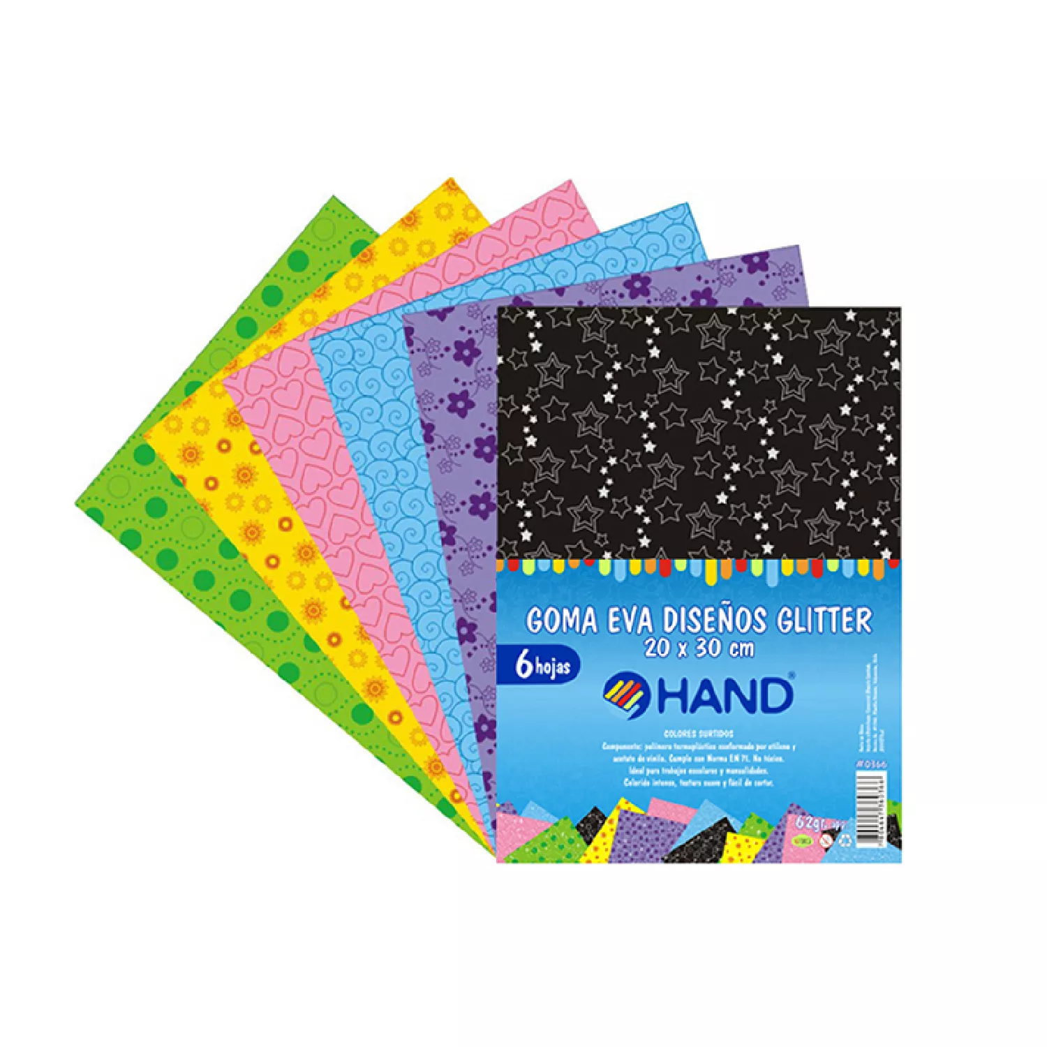 GOMA EVA DISENO GLITTER 6 HOJAS 20X30CM HAND — Hand